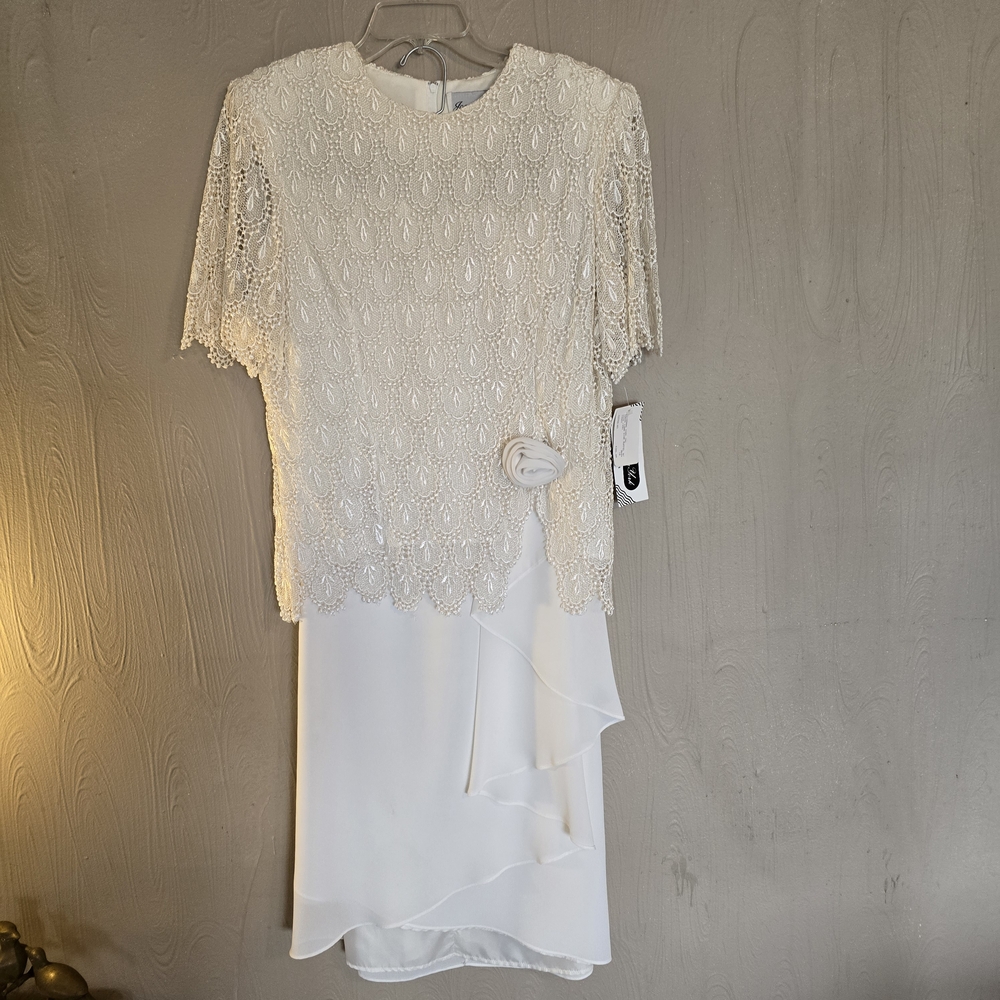 Vintage Joan Davis Elegant Cream Lace Beaded 2 Piece Evening/wedding Gown Sz 10